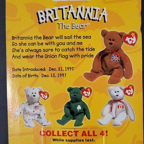 BRITANNIA THE BEAR MCDONALD'S TY INTRODUCED 12/31/97 DATE OF BIRTH 12/15/97 - Picture 1 of 5